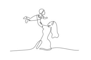 Happy family, a mother is holding her child in continuous line drawing style. Minimalistic black linear sketch isolated on white background vector