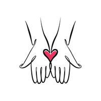 Carrying heart in hand, one line drawing on isolated white background. vector