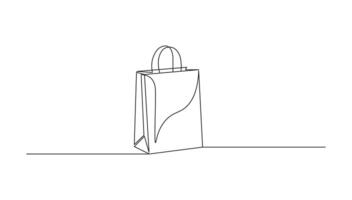 Paper bag in continuous line art drawing style. Shopping bag minimalist black linear sketch isolated on white background vector