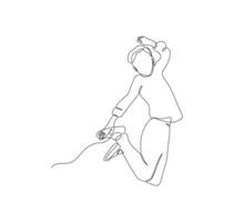 Kid jumping, happy kid jumping for joy in continuous line art drawing style. Black linear sketch isolated on white background vector
