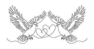 Doves as a Symbol of Love and Affection, One Line Drawing on a White Isolated Background. vector