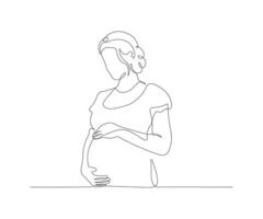 Happy pregnant women in continuous line art drawing style. Minimalist black linear sketch isolated on white background vector