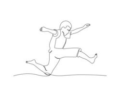 Happy child jumping for joy in continuous line art drawing style. Black linear sketch isolated on white background. vector