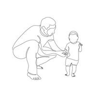 A father is training his son to walk in continuous line drawing style. Sketch of happy family in minimalist black lines isolated on white background. vector