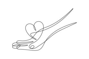 One continuous single line drawing of hand. Heart and love sign romantic symbol in simple linear style vector