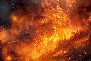 A large fire is burning in the middle of the night photo