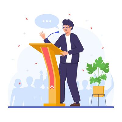 Man Speaker Standing Behind of Podium with Microphones Public Speaking