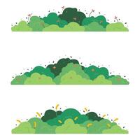 Three sets of green bushes with flowers in the foreground. The bushes are tall and green, and the flowers are scattered throughout the scene vector
