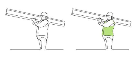 Continuous single line drawing of a construction worker carrying a steel beam on his shoulder. Includes outline and colored versions. industrial safety, construction site visuals etc. vector