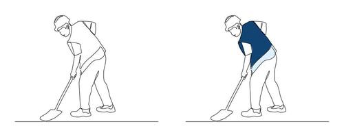 One line drawing of a construction worker digging with a shovel. Minimalist style with outline and colored versions. labor, worker safety, or infrastructure etc. vector