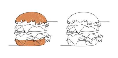 Minimalist continuous line art set of hamburger illustrations. Perfect for restaurant branding, fast food menus, culinary blogs, etc. vector