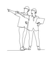 A line drawing showing two construction engineers or architects wearing safety helmets, pointing and discussing project plans at a construction site. vector