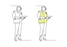 Minimalist single line drawing of female engineer wearing safety vest and helmet, holding tablet. Comes with outline and colored version vector