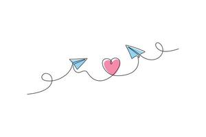 Continuous Single Line Drawing of Paper plane and love symbol Isolated on White Background vector