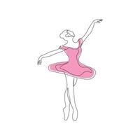 Female dancer wearing pink dress in continuous line drawing style. Sketch of ballet dancer in minimalist black linear isolated on white background. vector