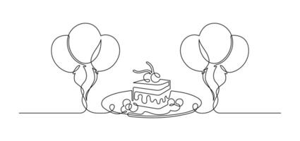 Dessert cake on plate and air balloon in continuous one line drawing of isolated on white background vector