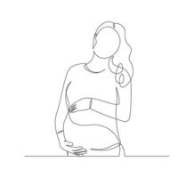 Happy pregnant women in continuous line art drawing style. Minimalist human sketch in black linear isolated on white background vector