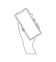 Continuous one line drawing of hand holding mobile phone isolated on white background. vector