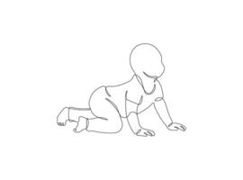 Baby crawling in continuous line drawing style. Sketch of cute baby in minimalist black linear isolated on white background. vector