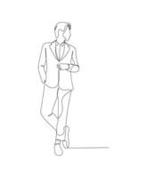 Business man standing in cool style sketch in one continuous line. Drawing style. Cool male model in minimalist black lines isolated on white background. vector