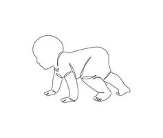 Baby crawling in continuous line drawing style. Sketch of cute and adorable baby in minimalist black linear isolated on white background.. vector