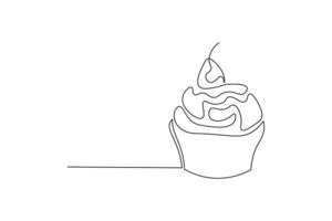 Cupcake in continuous line art drawing style. Bakery cake minimalist black linear sketch isolated on white background. vector