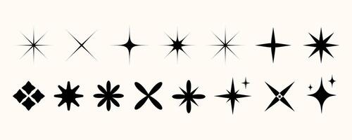 Minimal Black Star and Twinkle Elements Pack. Y2k starburst, sparkle, twinkle, and shine icons in various shapes design elements,for decorating logos, holiday cards,retro minimalist design vector