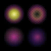 Colorful Halftone Gradient Dot Circles set on Black Background.Set of four vibrant halftone dot gradient circles with neon colors design elements, pop art design, music posters,social media templates vector