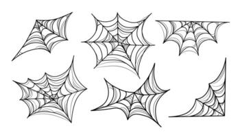 Set of spider web illustrations set in black and white including center and corner cobwebs ideal for Halloween designs, spooky decor, invitations, posters, digital projects. Creepy Spider Web vector
