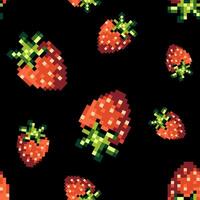 Seamless Pixel Art Strawberry Pattern on Black Background. pixelated strawberries in 8 bit retro style, fabric prints, digital wallpapers, game design, wrapping paper, print design. illustration vector