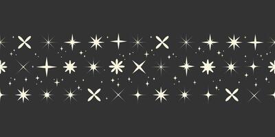 Seamless horizontal border pattern of retro starbursts, sparkles, and twinkles, perfect for digital frames, invitations, product packaging, website dividers, and vintage design. illustration vector