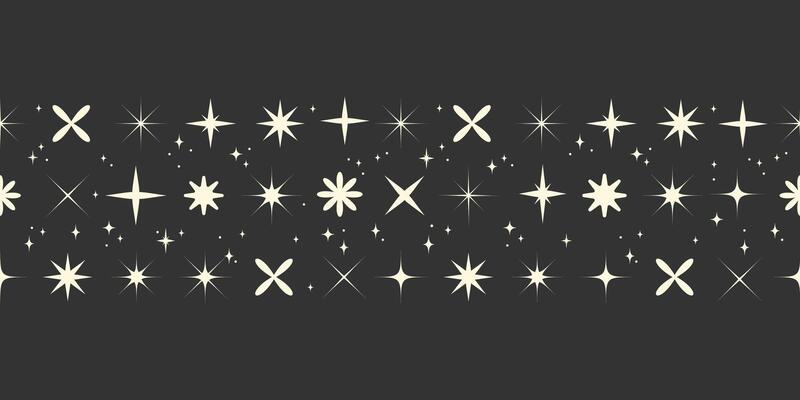 Seamless horizontal border pattern of retro starbursts, sparkles, and twinkles, perfect for digital frames, invitations, product packaging, website dividers, and vintage design. illustration