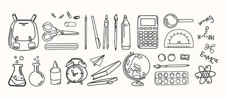 Line art School and science icons set including stationery, backpack, calculator, globe, lab tools, and formulas suitable for educational materials, websites, posters, and classroom decor. vector
