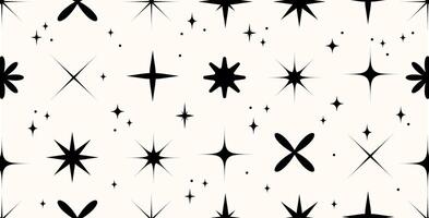 Y2k Retro Starburst and Sparkle Repeat Design.Minimalist Black Star Icons Patterned Background for print,wallpaper,paper,backdrop,textile fashion design. Seamless pattern of black star shapes vector