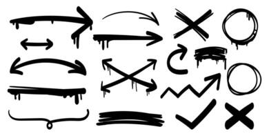 Grunge Marker Arrows and Symbols Set.Black Sketchy Arrows and Scribble Elements Collection.Black and white hand drawn arrows, crosses, circles, and check marks in a dripping marker style vector