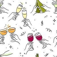 Seamless festive pattern featuring hands holding wine glasses, champagne flutes, with celebratory doodles ideal for party invitations, packaging, wrapping paper, and New Year or event designs. vector