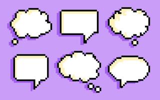 Speech and Thought Bubbles of different shapes set in Retro pixel art style. Dialog Balloons for Digital and Game Design, Icons Collection ,web graphics, stickers, and digital content creation. vector