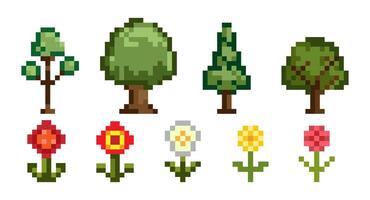 Pixel Art Trees and Flowers Icon Set. 8 bit retro style various green trees and colorful blossoms ideal for game design, app icons, stickers, digital art projects. illustration vector