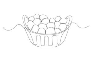 Hand-drawn basket of eggs continuous outline . vector
