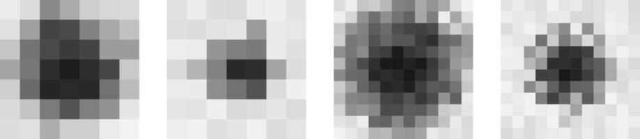 Censorship pixel noise blobs in variations. Four center-focused blur shapes simulating blocked content, glitch filter or privacy masking. Abstract tech interface style. illustration. vector