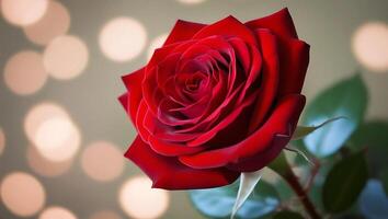 A red rose is shown in front of a blurred background photo