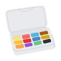 Open watercolor paint set with twelve vibrant color pans in a light case. Creative tool illustration symbolizing art, painting, and artistic expression vector