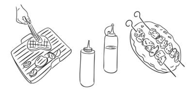 Hand drawn set with barbecue grill, skewers, sauces and steak being cooked. Concept of outdoor cooking, summer grilling and picnic enjoyment in casual sketch style vector