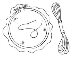 Hand drawn embroidery hoop with needle, thread and fabric in black and white outline. Concept of handmade craft, slow stitching and creative textile hobby vector