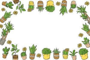 Banner with various hand drawn cacti and potted plants arranged around a blank space in the center. Concept of botanical decoration, succulent gardening and eco-friendly design vector
