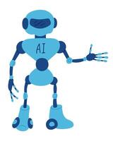 Hand drawn blue robot with labeled AI on chest, standing and gesturing with mechanical hand. Concept of artificial intelligence, futuristic technology and machine learning vector