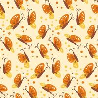 Seamless pattern with orange and yellow butterflies and scattered dots on a light background. Concept of spring beauty, gentle nature and whimsical insect design vector