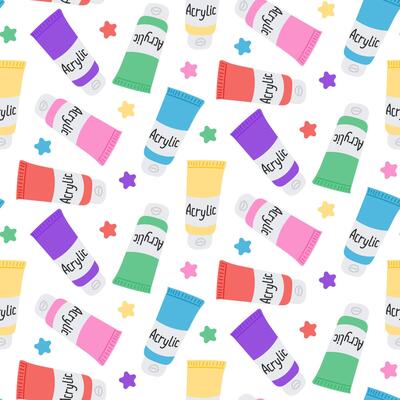 Seamless pattern with colorful acrylic paint tubes and stars scattered on white background. Concept of creativity, artistic supplies and painting hobby in playful decorative style