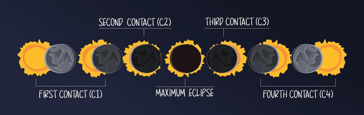 Infographic of the phases of the position of the sun and moon during a solar eclipse in flat style. Illustration of solar eclipse contact diagram