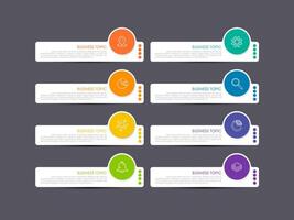 Modern infographics business design with 8 option concepts, parts, steps or processes can be used for workflow layout, diagram, number options, web design. infographic element vector